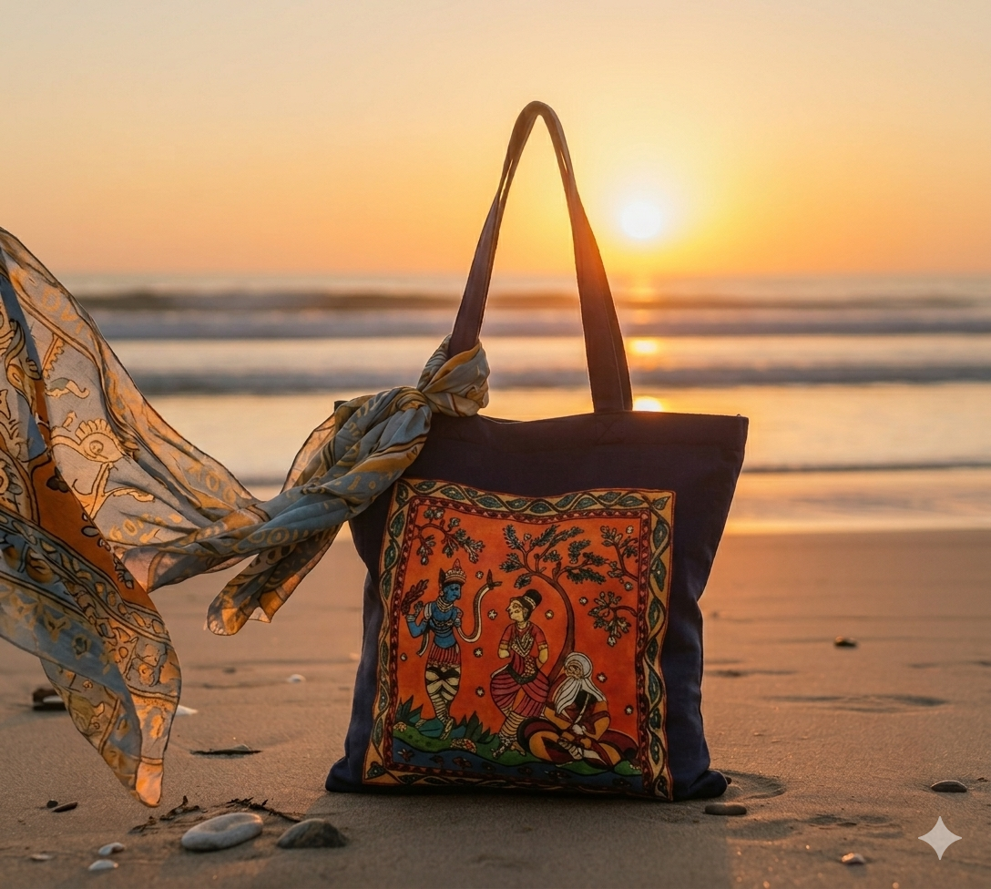 Hand-painted Pattachitra artisanal tote bag at a beach — Traditional Indian art on sustainable canvas by Lahe Lahe Collectives