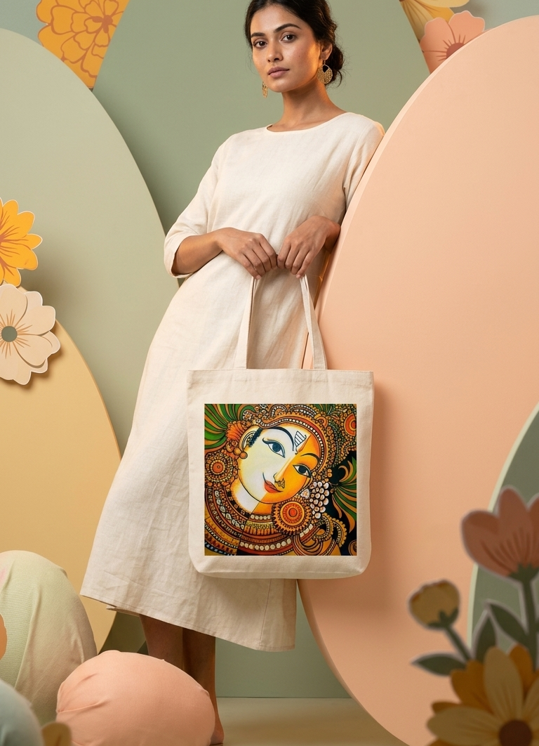 Model carrying a Gond art artisanal tote bag — Sustainable fashion featuring traditional tribal Indian art