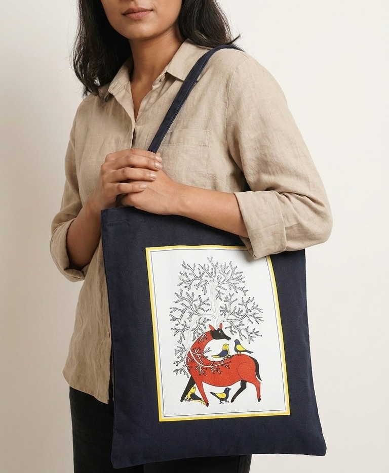 Hand-painted Kerala Mural traditional Indian art tote bag for everyday utility — Lahe Lahe Collectives