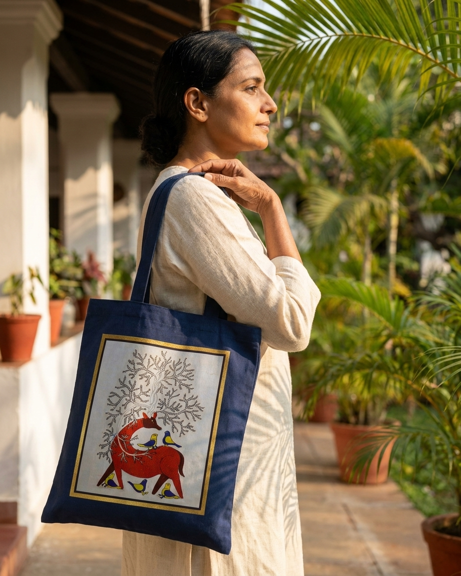 Artisanal tote bag with Pattachitra folk art — Master-crafted Indian heritage painting on durable canvas bags