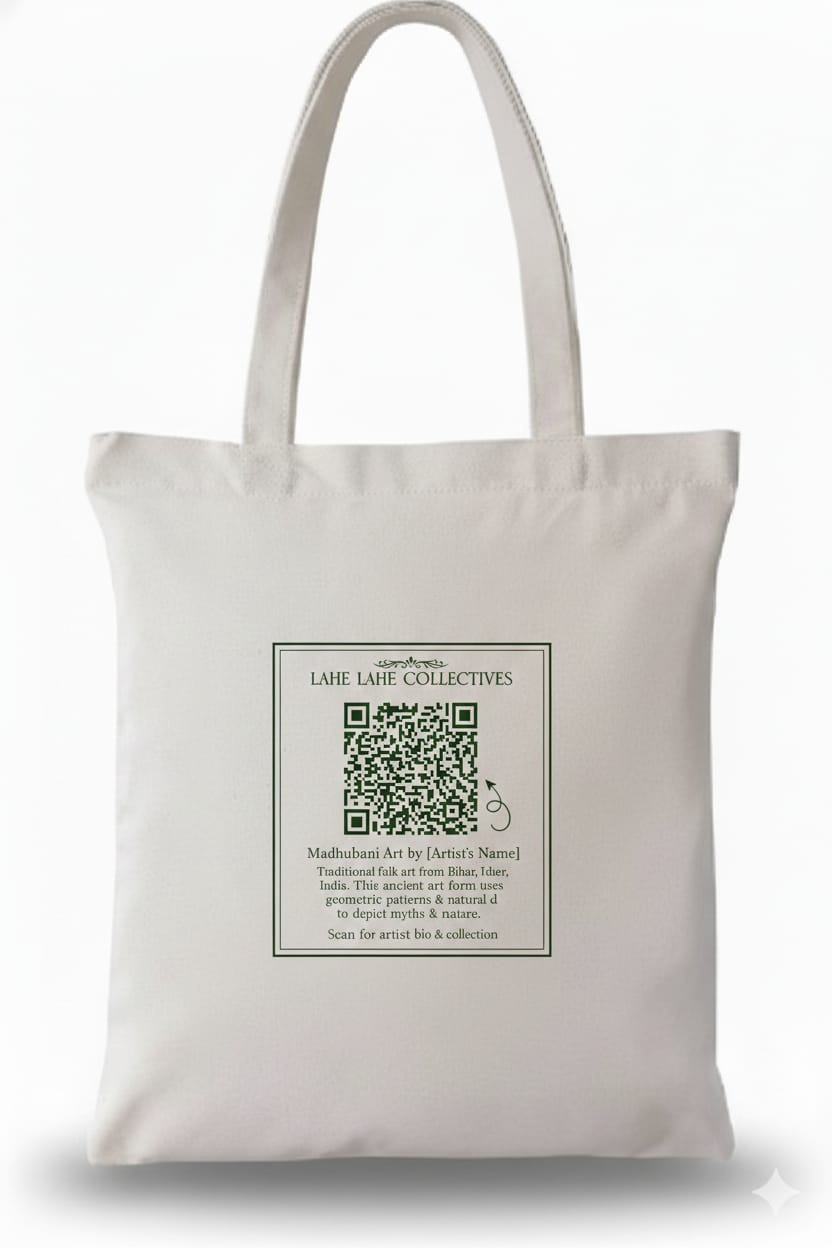 Back of Lahe Lahe tote showing Digital Artisan Bridge QR code