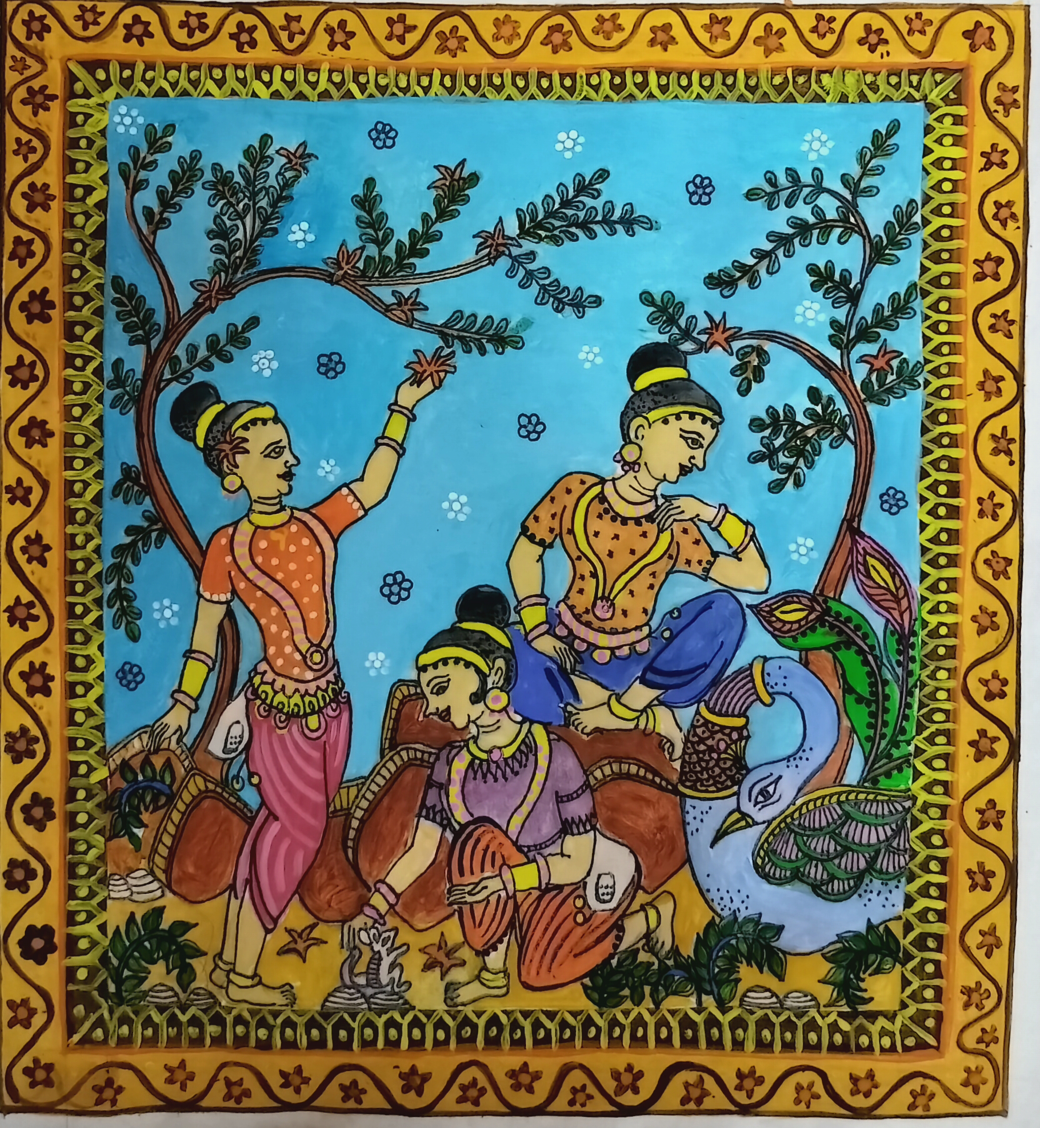 Pattachitra hand-painted artwork depicting three women celebrating nature amidst trees and foliage with a peacock — by Arunima Chakravarty Khadikkar for Lahe Lahe Collectives